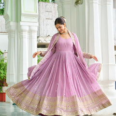 Faux Georgette Dusty Embroidered Gown with Dupatta