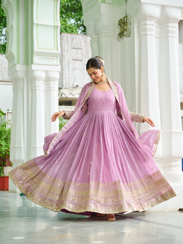 Faux Georgette Dusty Embroidered Gown with Dupatta