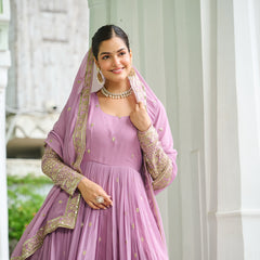 Faux Georgette Dusty Embroidered Gown with Dupatta