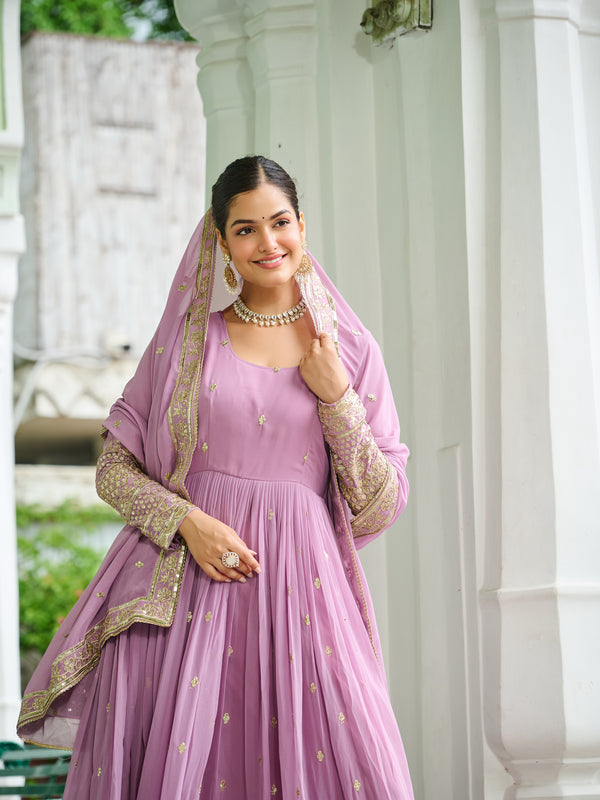 Faux Georgette Dusty Embroidered Gown with Dupatta