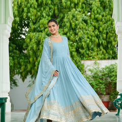 Faux Georgette Dusty Embroidered Gown with Dupatta