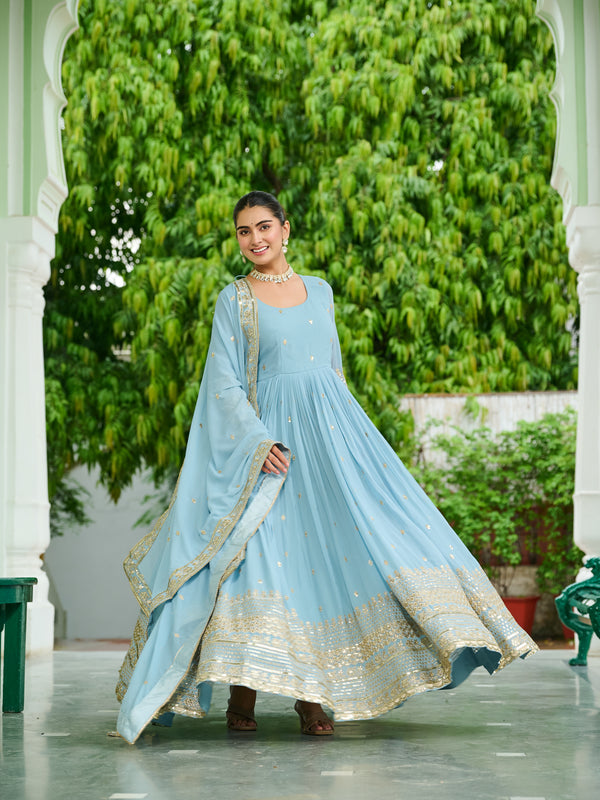 Faux Georgette Dusty Embroidered Gown with Dupatta
