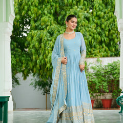 Faux Georgette Dusty Embroidered Gown with Dupatta