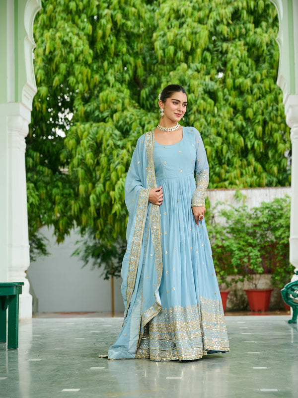 Faux Georgette Dusty Embroidered Gown with Dupatta