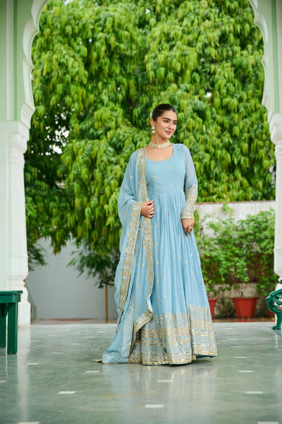 Faux Georgette Dusty Embroidered Gown with Dupatta