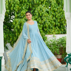 Faux Georgette Dusty Embroidered Gown with Dupatta