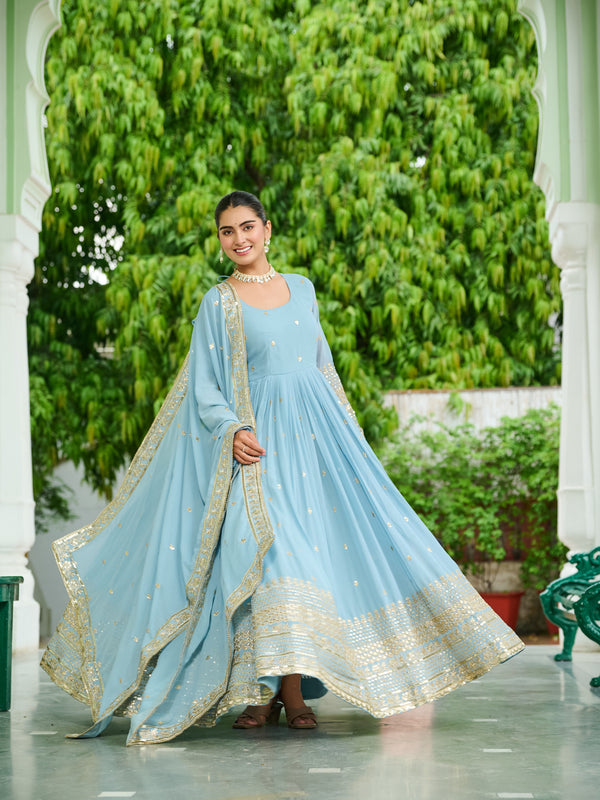 Faux Georgette Dusty Embroidered Gown with Dupatta