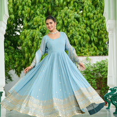 Faux Georgette Dusty Embroidered Gown with Dupatta