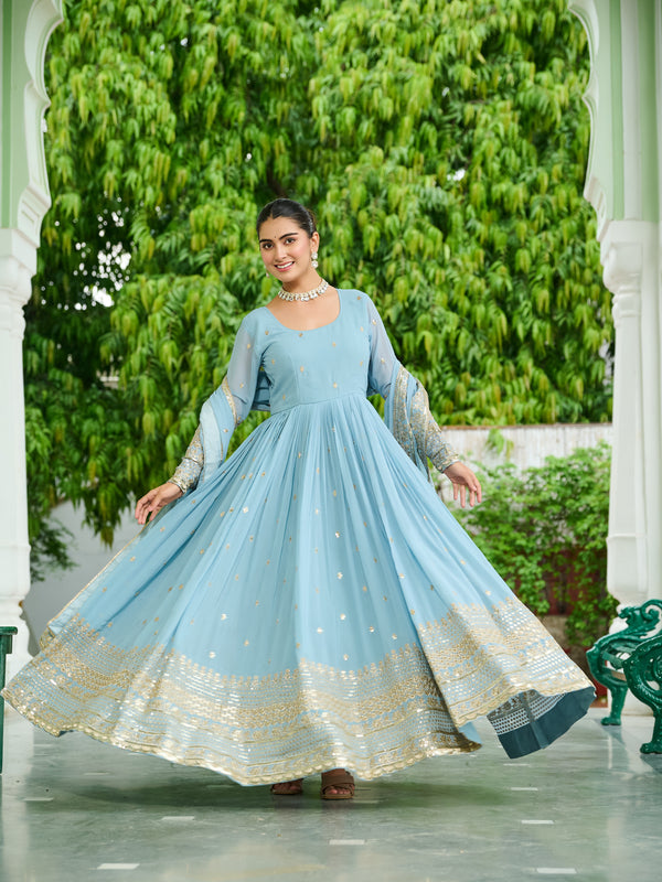 Faux Georgette Dusty Embroidered Gown with Dupatta