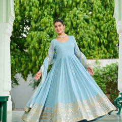 Faux Georgette Dusty Embroidered Gown with Dupatta