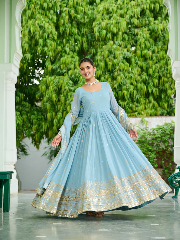 Faux Georgette Dusty Embroidered Gown with Dupatta