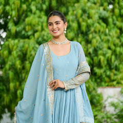 Faux Georgette Dusty Embroidered Gown with Dupatta