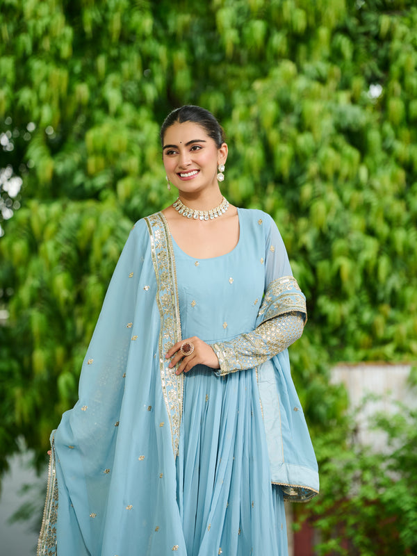 Faux Georgette Dusty Embroidered Gown with Dupatta