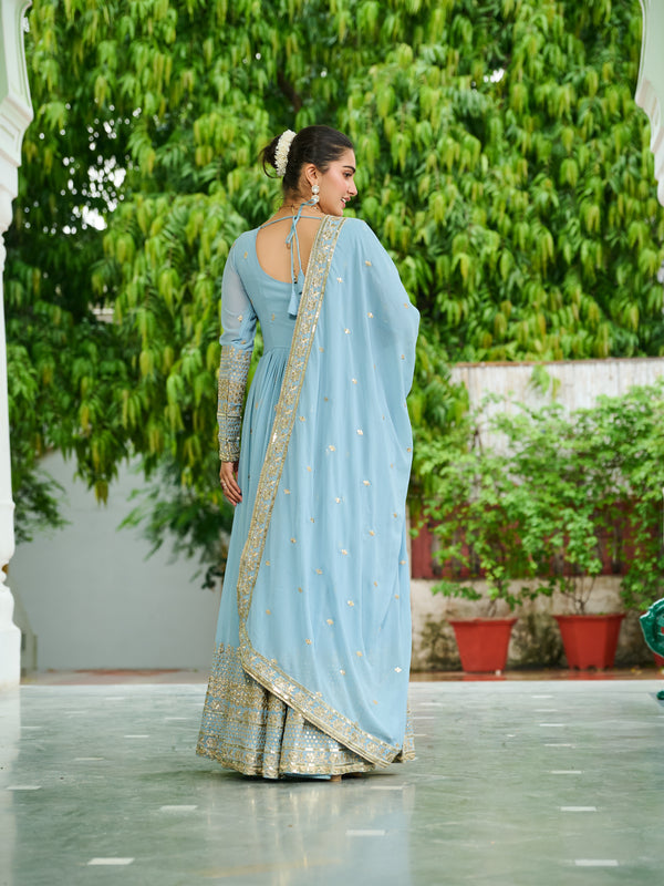 Faux Georgette Dusty Embroidered Gown with Dupatta