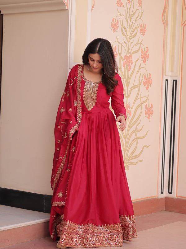 Star Georgette Zari Sequins Embroidered Gown with Dupatta