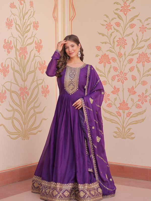 Star Georgette Zari Sequins Embroidered Gown with Dupatta