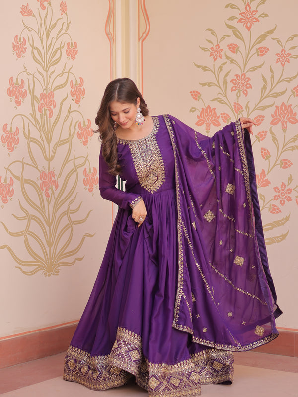 Star Georgette Zari Sequins Embroidered Gown with Dupatta