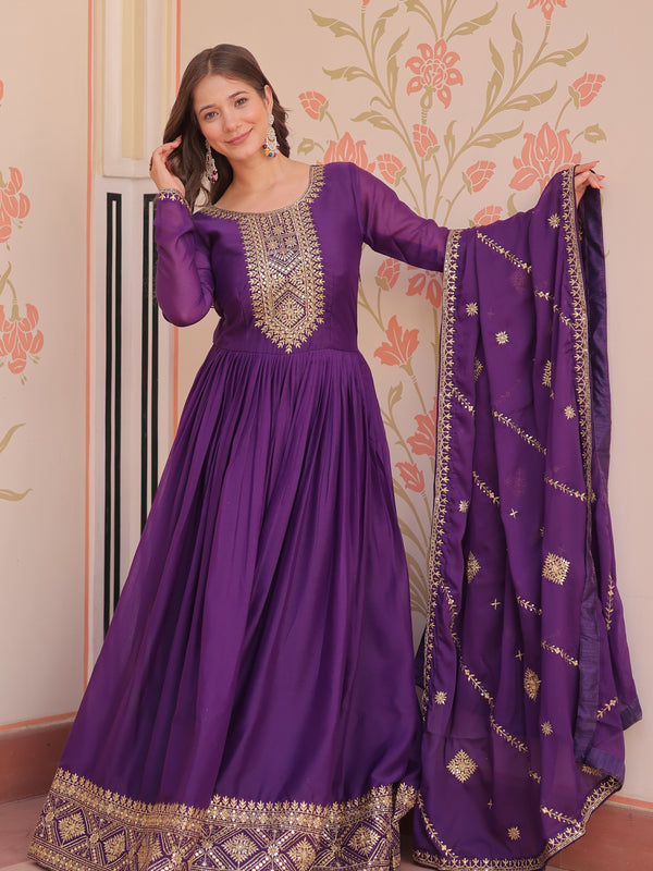 Star Georgette Zari Sequins Embroidered Gown with Dupatta