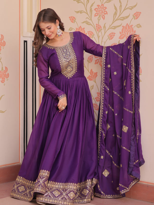 Star Georgette Zari Sequins Embroidered Gown with Dupatta