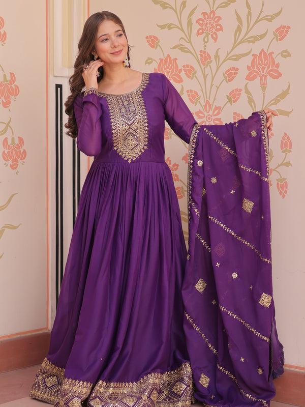 Star Georgette Zari Sequins Embroidered Gown with Dupatta
