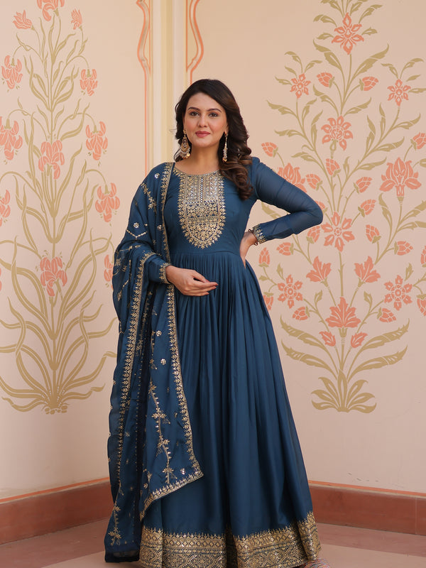 Star Georgette Zari Sequins Embroidered Gown with Dupatta