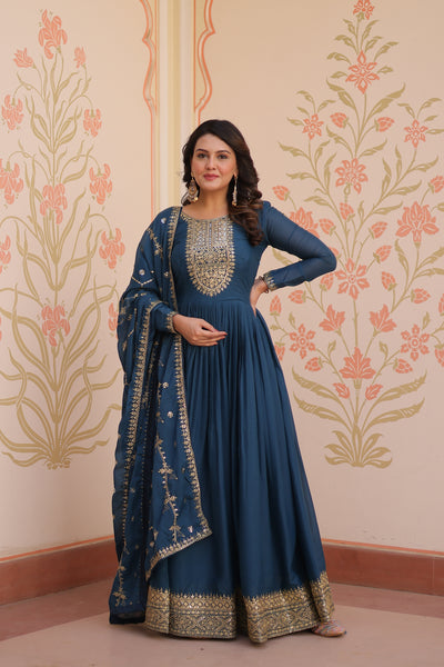 Star Georgette Zari Sequins Embroidered Gown with Dupatta