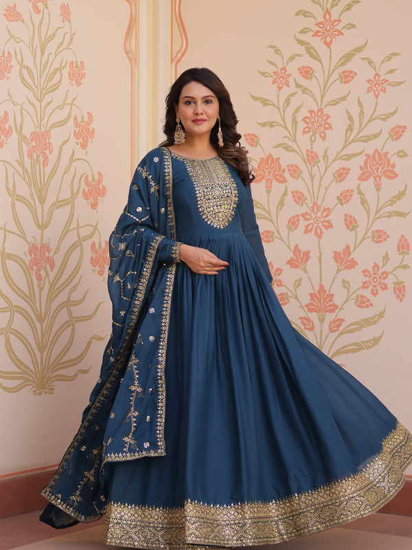 Star Georgette Zari Sequins Embroidered Gown with Dupatta