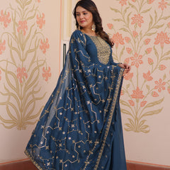 Star Georgette Zari Sequins Embroidered Gown with Dupatta