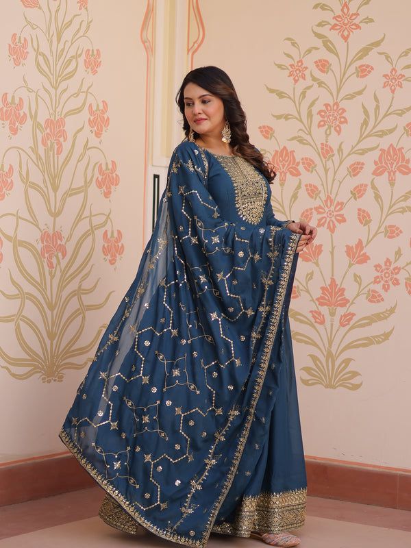 Star Georgette Zari Sequins Embroidered Gown with Dupatta