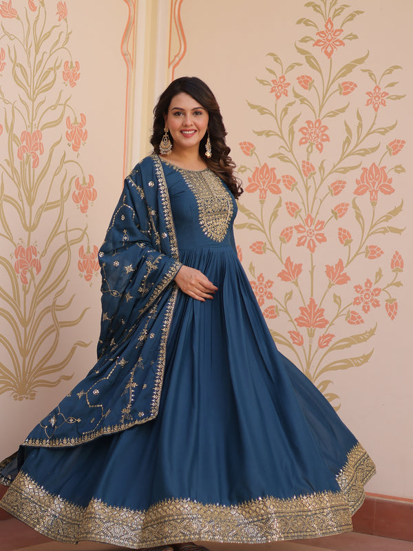 Star Georgette Zari Sequins Embroidered Gown with Dupatta