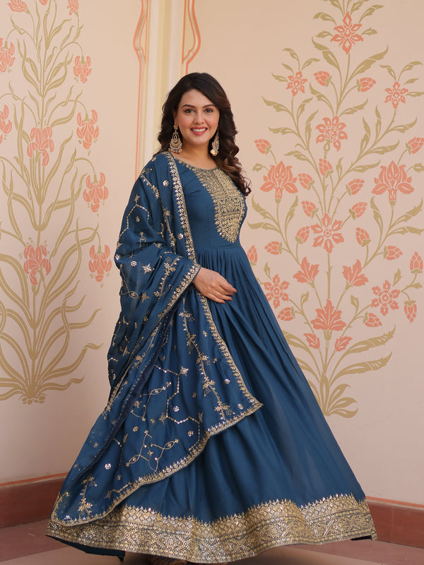 Star Georgette Zari Sequins Embroidered Gown with Dupatta