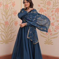 Star Georgette Zari Sequins Embroidered Gown with Dupatta