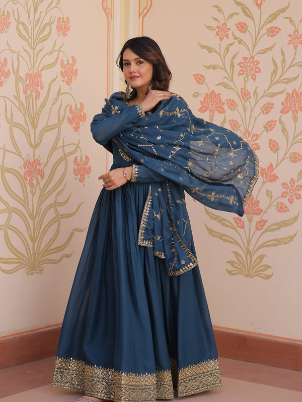 Star Georgette Zari Sequins Embroidered Gown with Dupatta