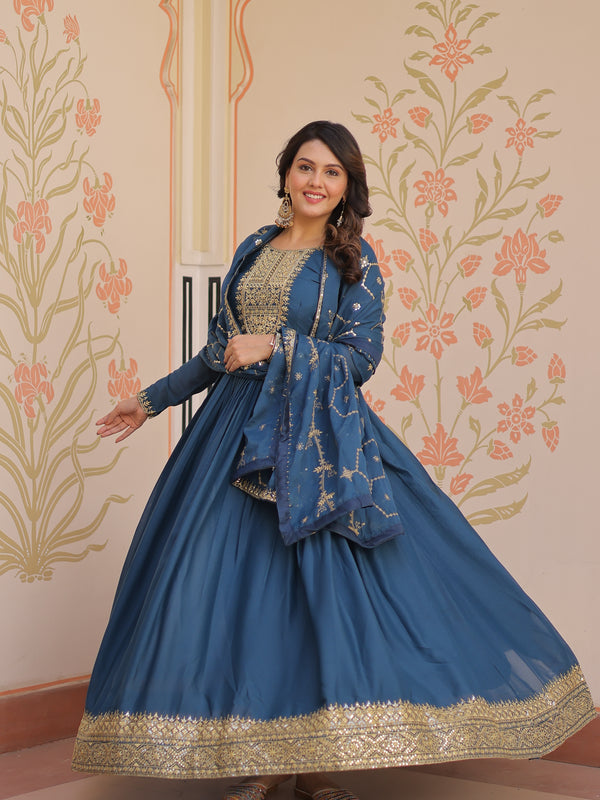 Star Georgette Zari Sequins Embroidered Gown with Dupatta