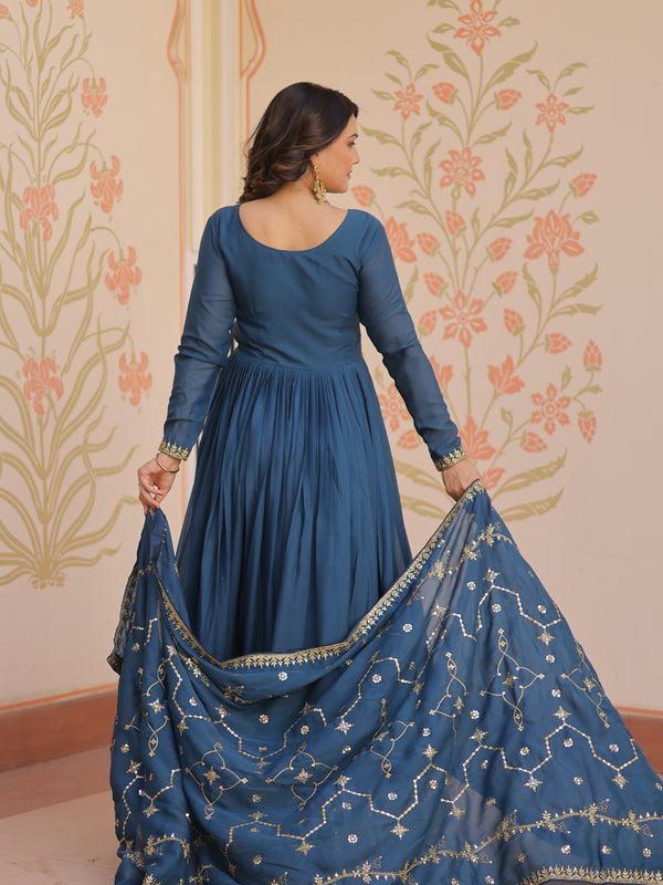 Star Georgette Zari Sequins Embroidered Gown with Dupatta