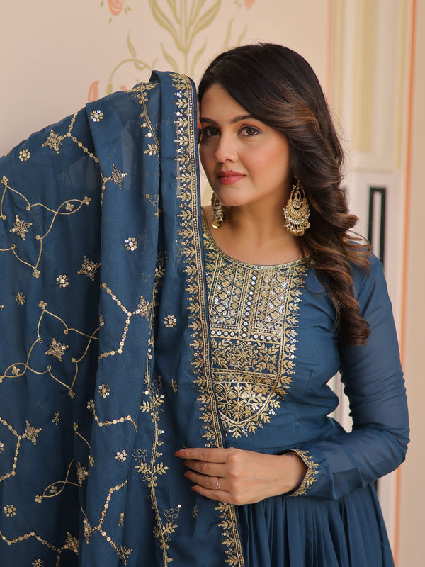 Star Georgette Zari Sequins Embroidered Gown with Dupatta