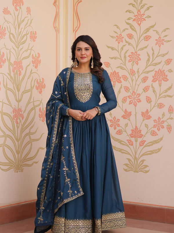 Star Georgette Zari Sequins Embroidered Gown with Dupatta