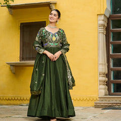 Vichitra Multi Thread Embroidered Kali Gown with Dupatta