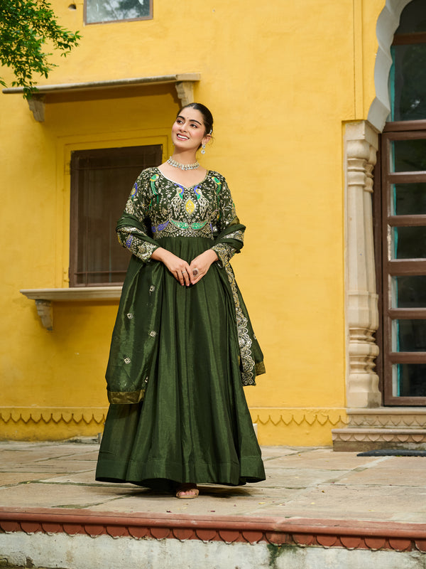 Vichitra Multi Thread Embroidered Kali Gown with Dupatta