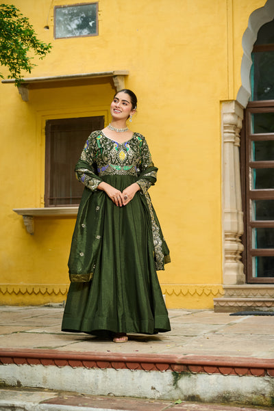 Vichitra Multi Thread Embroidered Kali Gown with Dupatta
