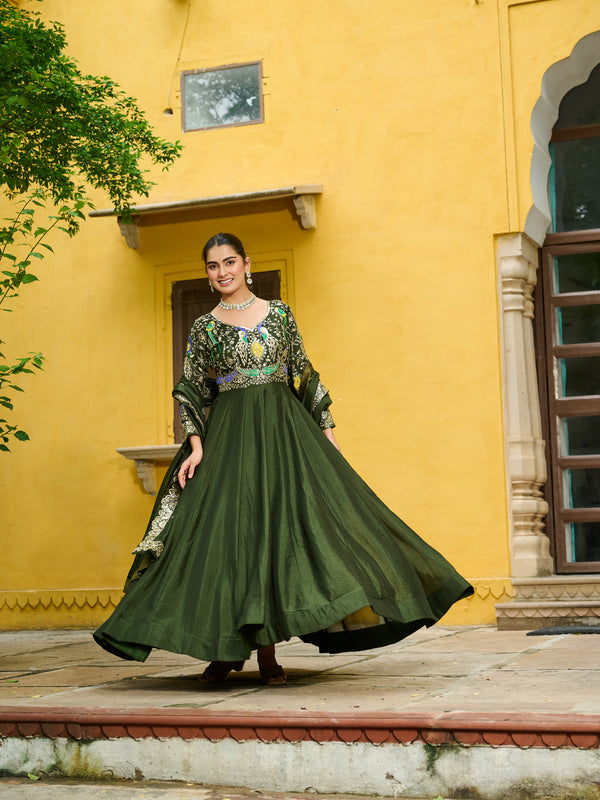 Vichitra Multi Thread Embroidered Kali Gown with Dupatta