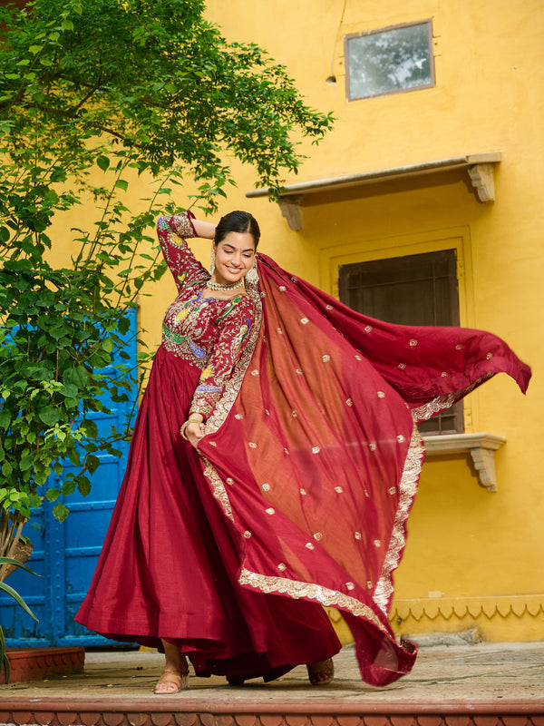 Vichitra Multi Thread Embroidered Kali Gown with Dupatta