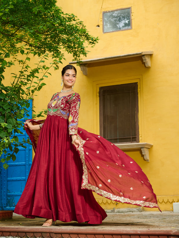 Vichitra Multi Thread Embroidered Kali Gown with Dupatta