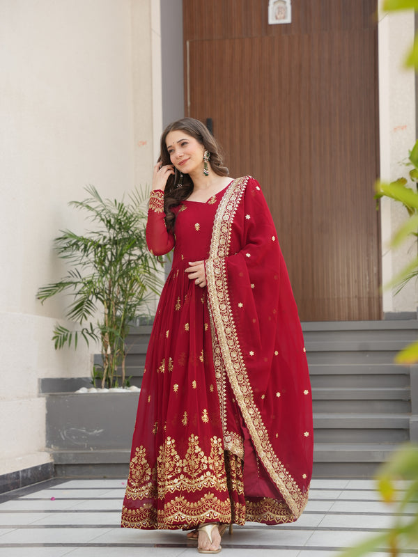 Faux Blooming Zari Sequins Embroidered Gown with Dupatta