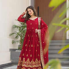 Faux Blooming Zari Sequins Embroidered Gown with Dupatta