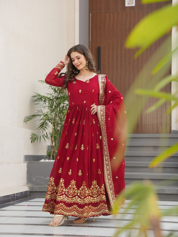 Faux Blooming Zari Sequins Embroidered Gown with Dupatta