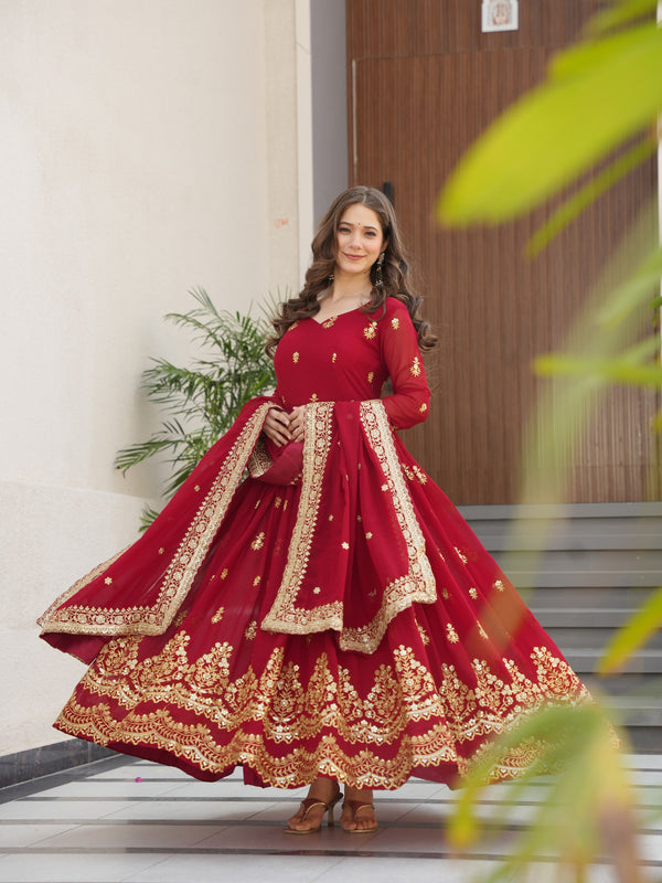Faux Blooming Zari Sequins Embroidered Gown with Dupatta