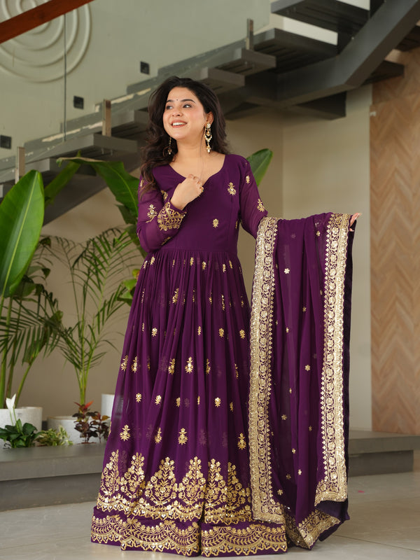 Faux Blooming Zari Sequins Embroidered Gown with Dupatta