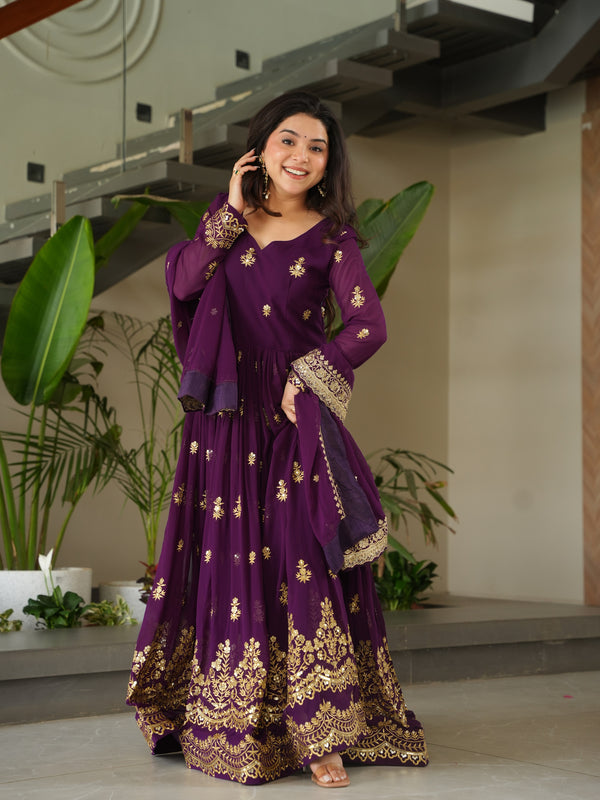 Faux Blooming Zari Sequins Embroidered Gown with Dupatta