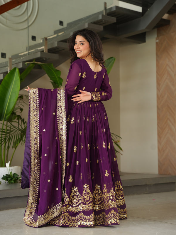 Faux Blooming Zari Sequins Embroidered Gown with Dupatta